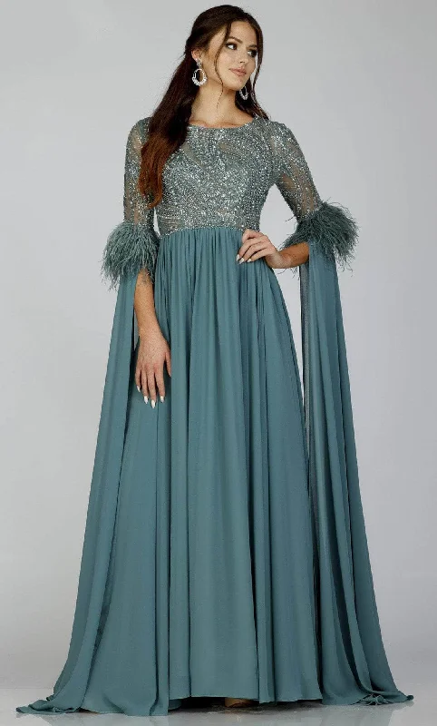 Terani Couture 231M0492 - Feathered Split Sleeve Chiffon Gown Hot new arrivals in party dresses