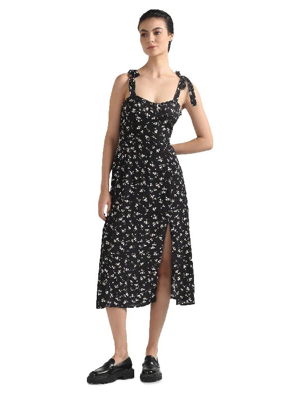 Tommy Hilfiger Black Viscose Women's Shoulder Straps Floral Shoulder Straps Midi Dress (M) Best midi dresses for formal events