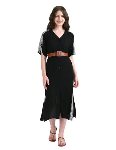 U.S. POLO ASSN. women's Viscose Fit and Flare Midi Casual Dress (UWSS24DRS124 Black Flowy midi dresses