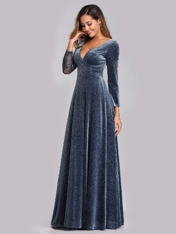 Women's V-Neck Floor Length Velvet Prom Dresses With Long Sleeve Luxury maxi dresses