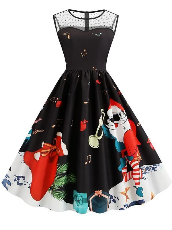 Christmas Mesh Stitching Print Vintage Dress Short floral dresses