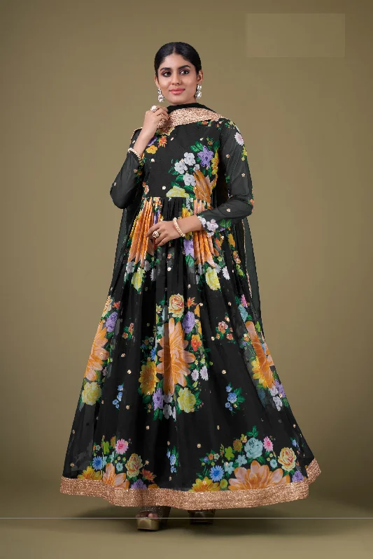 Digital Printed Black Color Fabulous Anarkali Suit In Georgette Fabric Ruffled floral dresses