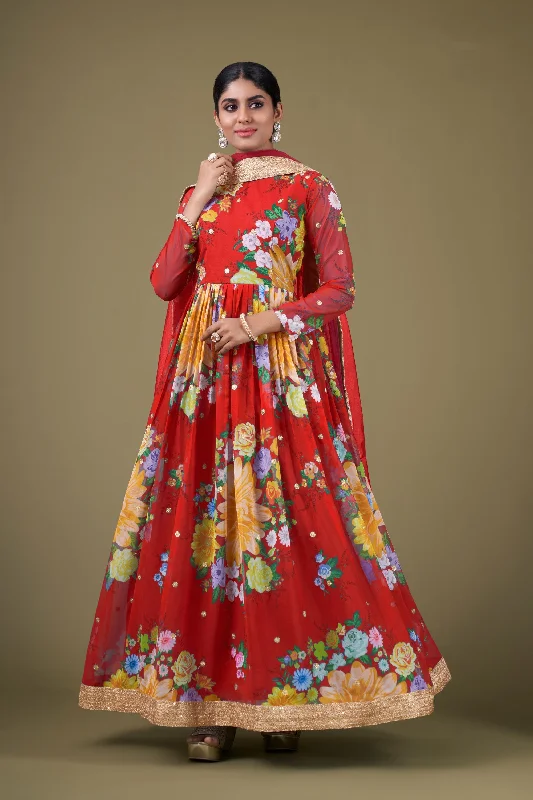 Digital Printed Red Color Inventive Anarkali Suit In Georgette Fabric Brunch floral dresses