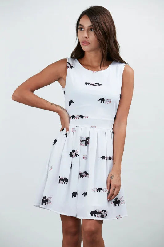 Elephant All Over Print Round Neckline Dress Linen floral dresses