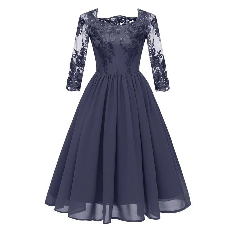 Floral Embroidery Contrast Chiffon Asymmetrical Neck Mesh Sleeve Pleated Elegant Banquet Party Dress Best floral dresses for elegant looks