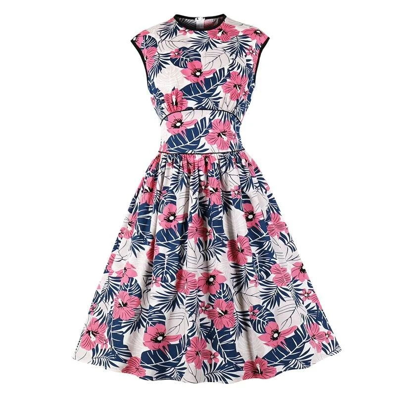 Floral Print Elegant High Waist Vintage Pinup Girls 50s O-Neck Sleeveless Pleated Cotton Dress Best floral dresses for plus size