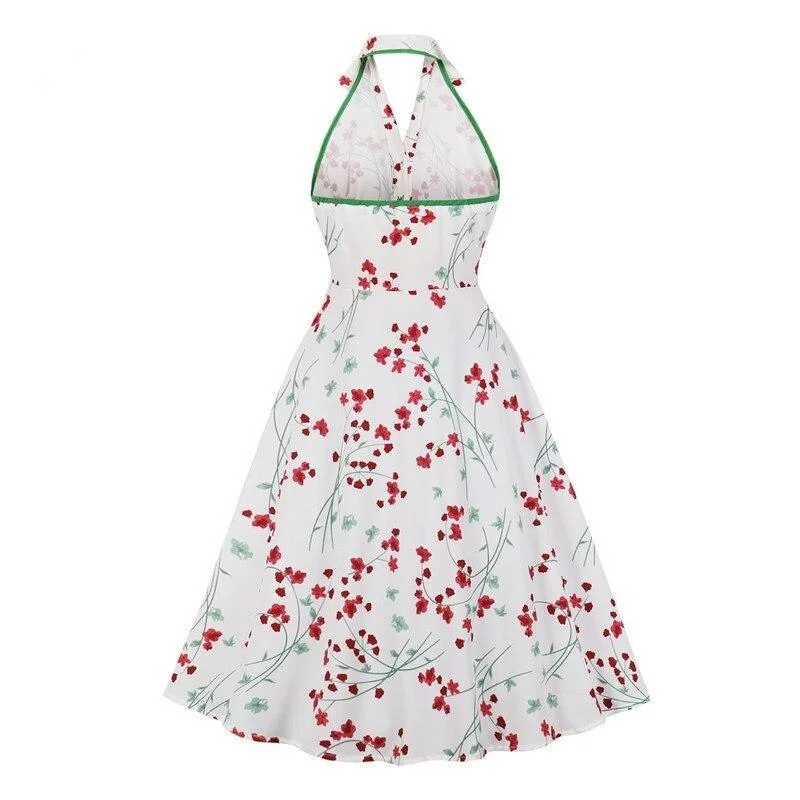 Floral Print Vintage Clothes Halter Summer Single-Breasted A-Line Backless Party Swing Dress Best floral dresses for beach vacations