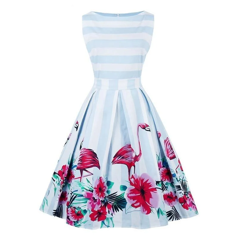 Flower and Flamingo Vintage Dress Women Floral Striped Elegant Pleated Rockabilly Dress Comfortable floral dresses for everyday wear