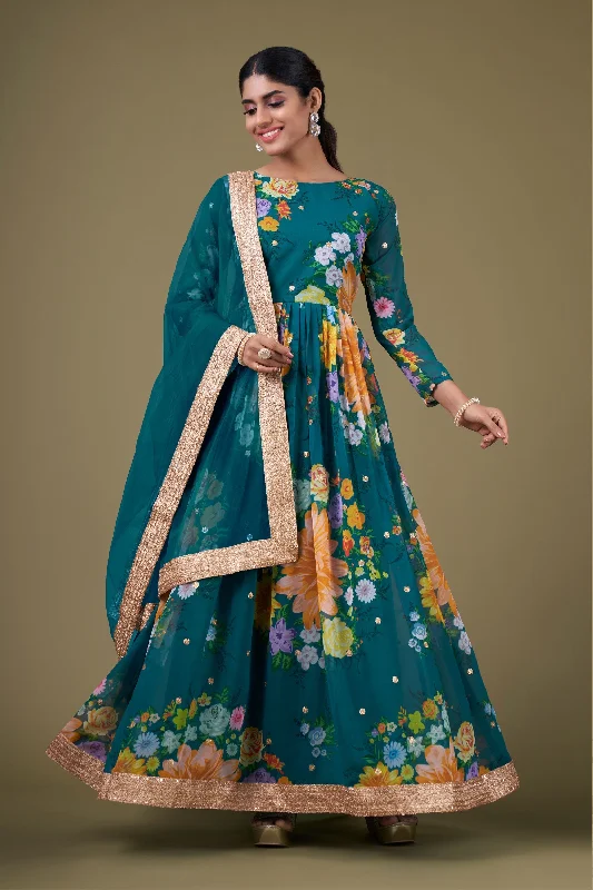 Georgette Fabric Digital Printed Lovely Anarkali Suit In Teal Color A-line floral dresses