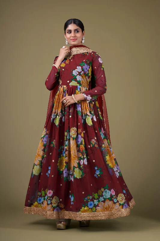 Georgette Fabric Maroon Color Digital Printed Elegant Anarkali Suit Outdoor floral dresses