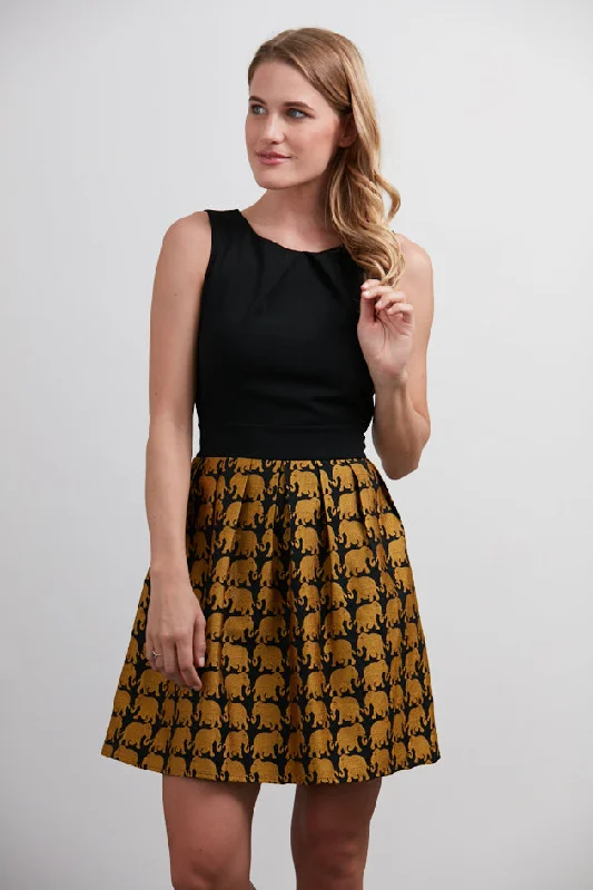 Golden Elephant Print Black Dress Chiffon floral dresses