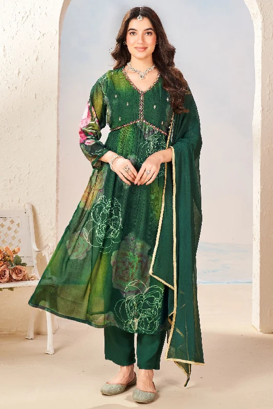 Green Color Chinon Fabric Fancy Printed Readymade Anarkali Salwar Kameez New Year's Eve floral dresses