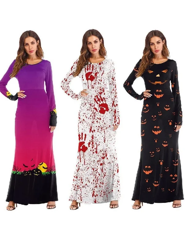 Halloween Cosplay Dress Up Pumpkin Light Print Long Sleeve Dress New Year's Eve floral dresses