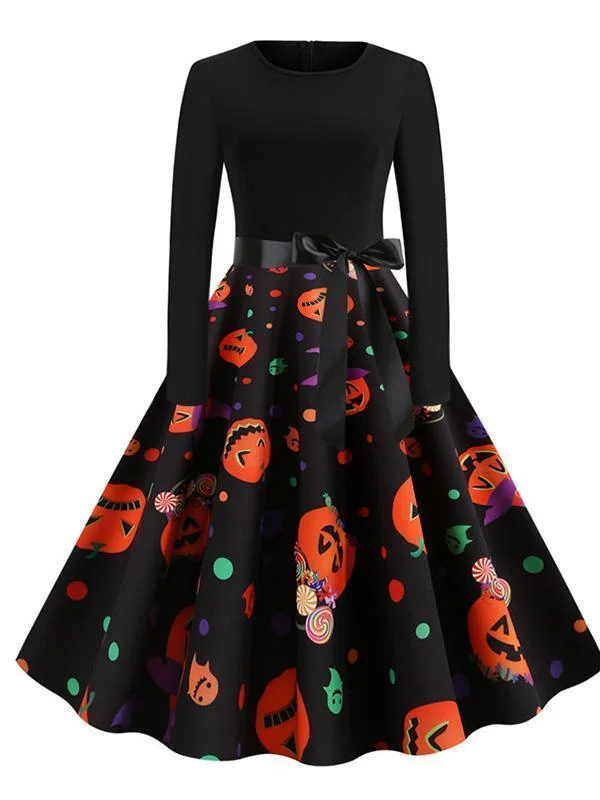 Halloween Hanging Neck Casual Print Dress Cottagecore floral dresses