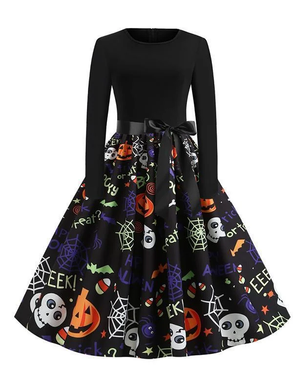 Halloween Print Long Sleeve Dress Ruffled floral dresses