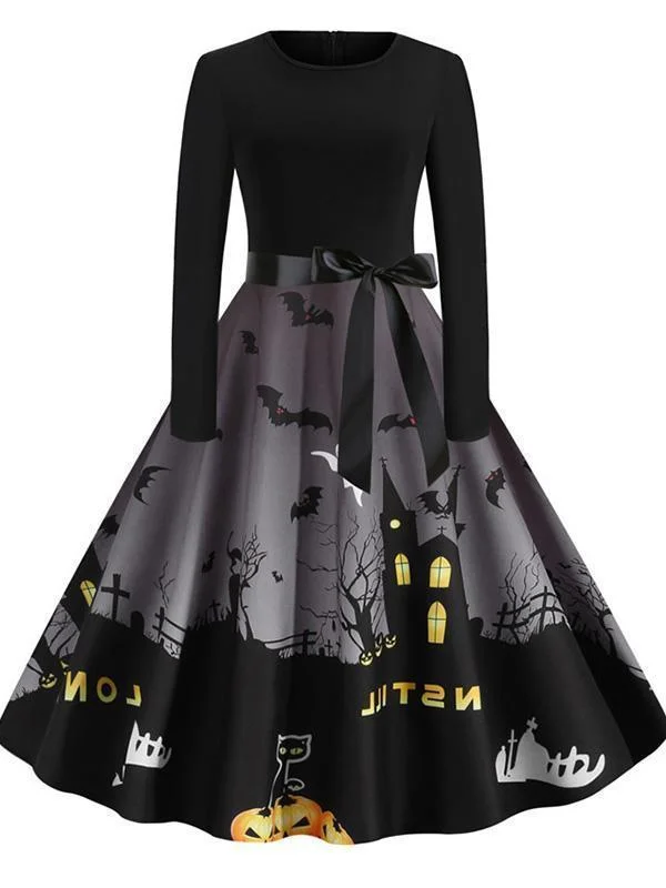 Halloween Print Stitching Round Neck Dress Minimalist floral dresses