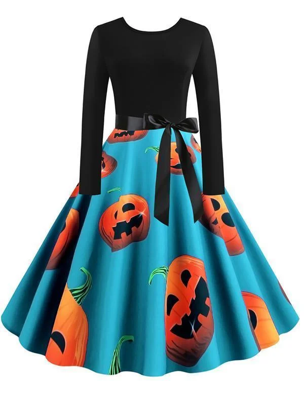 Halloween Pumpkin Print Crew Neck Dress Halter floral dresses