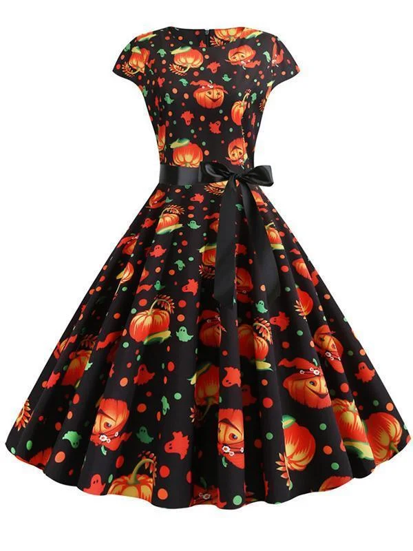 Halloween Pumpkin Print Crew Neck Dress Wrap floral dresses