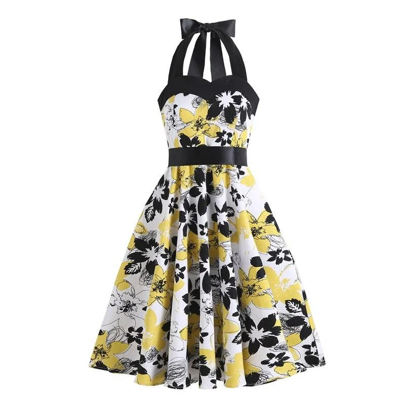 High Waist Floral Print Women 50s Style Pinup Vintage Party Halter Backless Lace Up Back Slim Dress Organza floral dresses