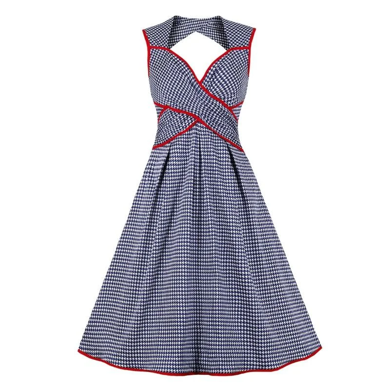 Houndstooth Print Vintage Cotton Summer Criss Cross High Waist Backless Elegant Ladies Dress Silk floral dresses