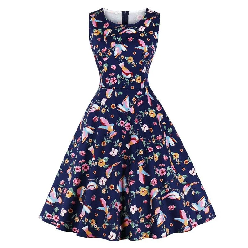 Lobster Floral Bird Print 50s Pinup A Line Vintage Dress Women Summer Round Neck 50s 60s Big Swing Casual Rockabilly Dresses Floral dresses under $100