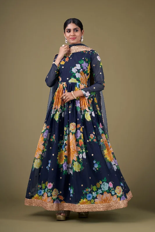 Navy Blue Color Georgette Fabric Alluring Digital Printed Anarkali Suit Anniversary floral dresses