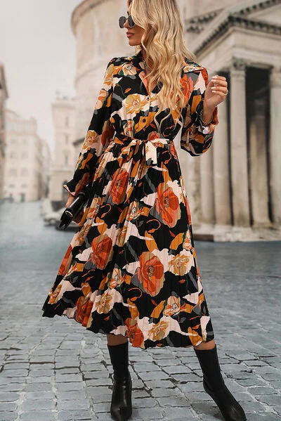 Printed Half Button Tie-Waist Pleated Dress Minimalist floral dresses