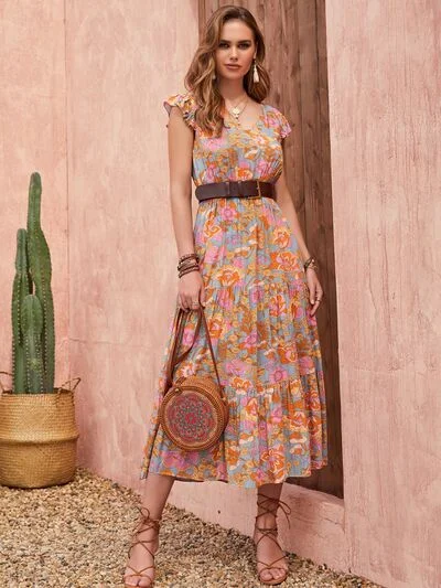 Ruffled Printed Cap Sleeve Dress Boho floral dresses