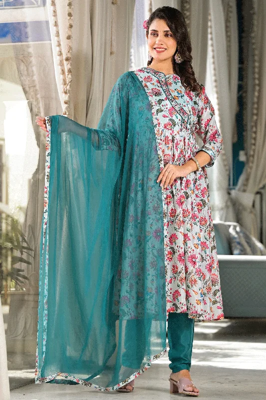 Sky Blue Color Art Silk Fabric Coveted Anarklai Suit With Printed Work Flowy floral dresses