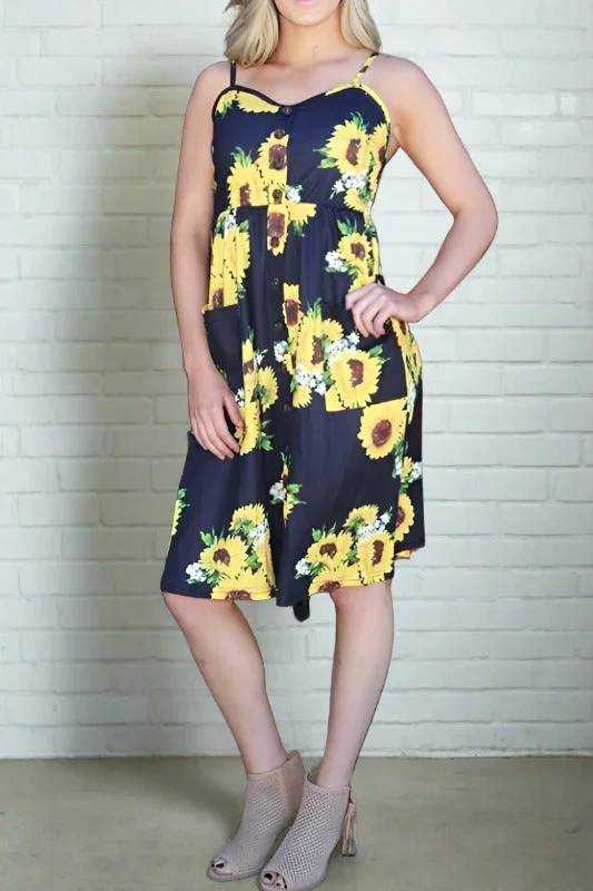 Sunflower Print Sun Dress - Navy Sexy floral print dresses