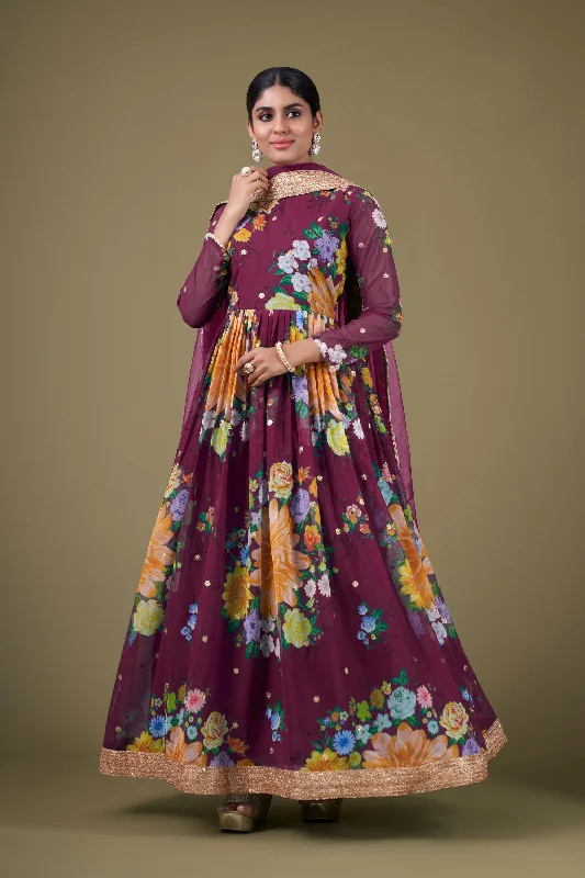 Wine Color Georgette Fabric Digital Printed Classic Anarkali Suit Birthday floral dresses