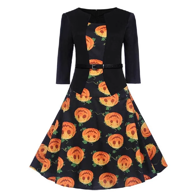 Women Halloween Dress Robes Vintage Pinup Three Quarter Sleeve Pumpkin Printed Office Swing Dress Elegant floral dresses