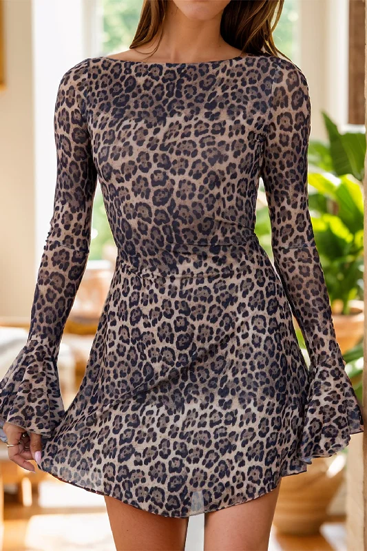 Blue Zone Planet |  Backless Leopard Flare Sleeve Dress Earthy tone unclassified dresses