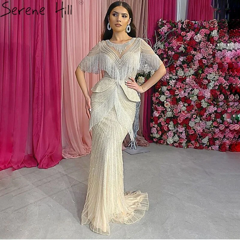 Dubai Beige Tassel Beading Mermaid Evening Dresses Design 2024 Half Sleeves Luxury Sexy Formal Dress Serene Hill LA70342 Unique unclassified dresses