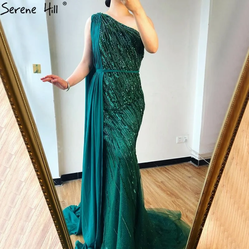 Dubai green One Shoulder Luxury Evening Dresses Mermaid Beading Suiqns Sparkle Formal Dress 2024 Serene Hill LA70515 Long sleeve unclassified dresses