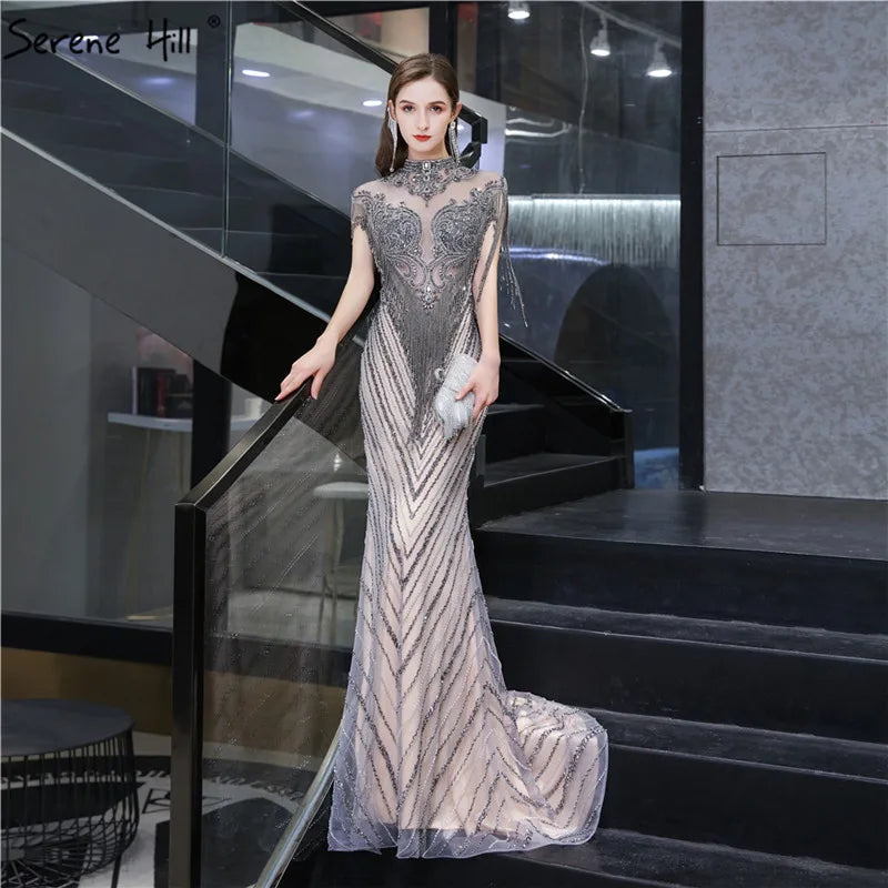 Dubai Luxury High-end  Evening Dresses 2024 Champagne Grey Beaded Tassel Formal Serene Hill LA60811 Pastel unclassified dresses