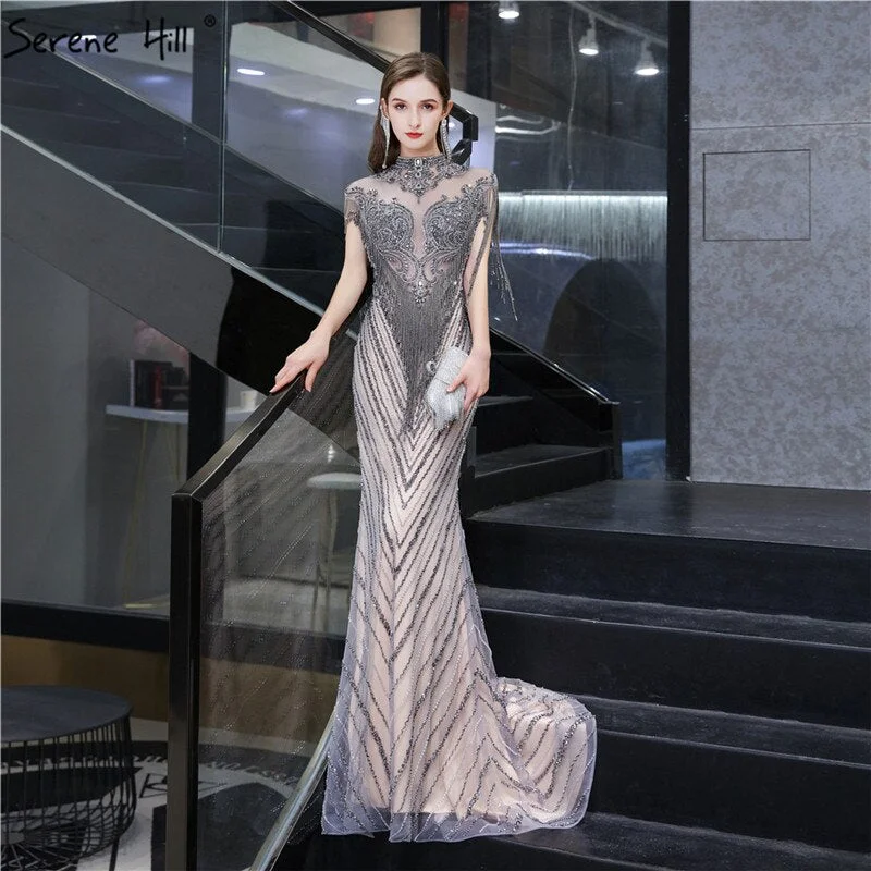 Dubai Luxury High-end Sexy Evening Dresses 2024 Champagne Grey Beading Tassel Formal Dress Serene Hill LA60811 Polka dot unclassified dresses