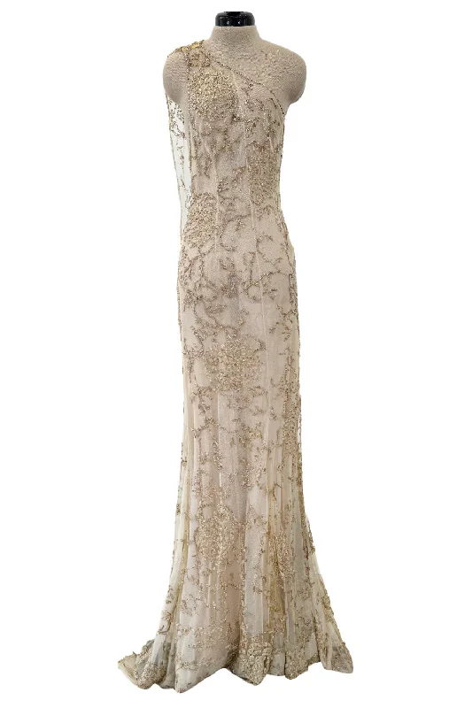 Exquisite Spring 1993 John Anthony Hand Beaded One Shoulder Dress on Pale Gold Silk Net Elegant evening unclassified dresses