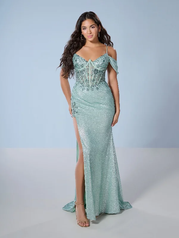 Fitted Cold Shoulder Slit Gown by Tiffany Designs 16250 Festival unclassified dresses