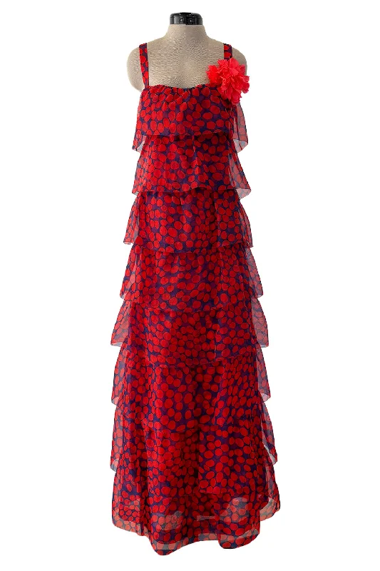 Gorgeous 1970s Givenchy Blue & Red Dot Tiered Silk Organza Ruffle Dress Neutral tone unclassified dresses