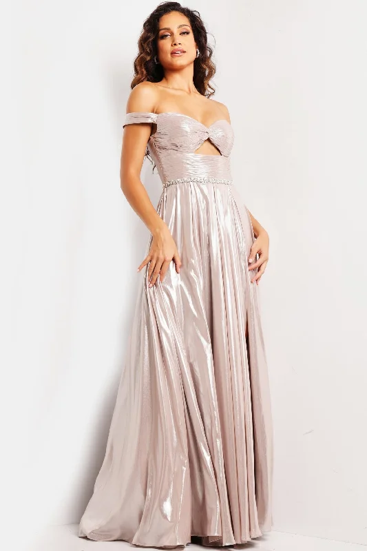 Metallic Off Shoulder A-line Slit Gown by Jovani 37381 Designer unclassified dresses