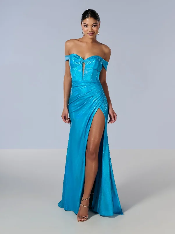 Metallic Off Shoulder Slit Gown by Tiffany Designs 16186 Knitted unclassified dresses