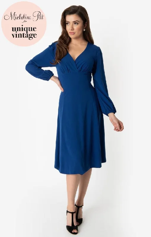 Micheline Pitt For Unique Vintage 1950s Style Royal Blue Pris Swing Dress (4XL and 5XL ONLY) Vacation unclassified dresses