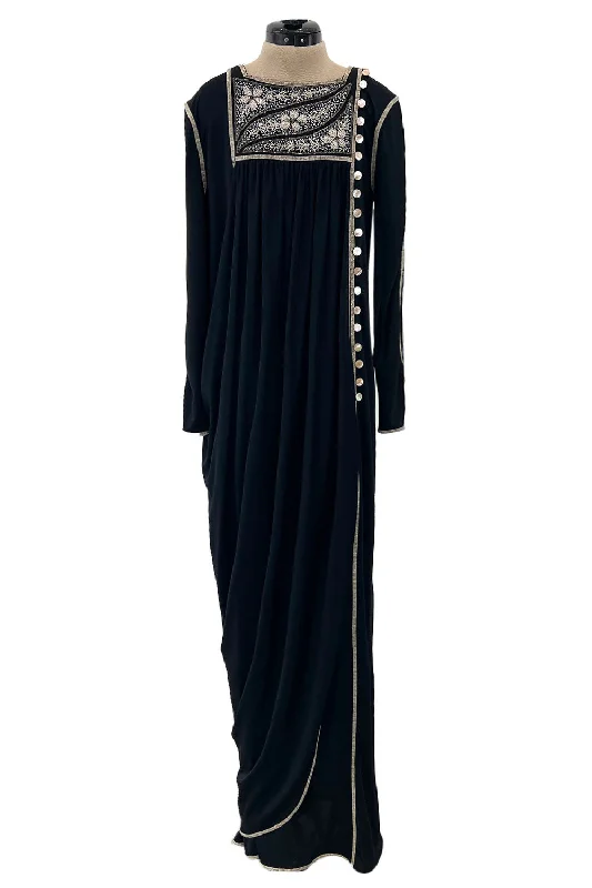 Museum Held 1970s Bill Gibb Black Liquid Jersey Dress w MOP Buttons & Extensive Beading High-low unclassified dresses