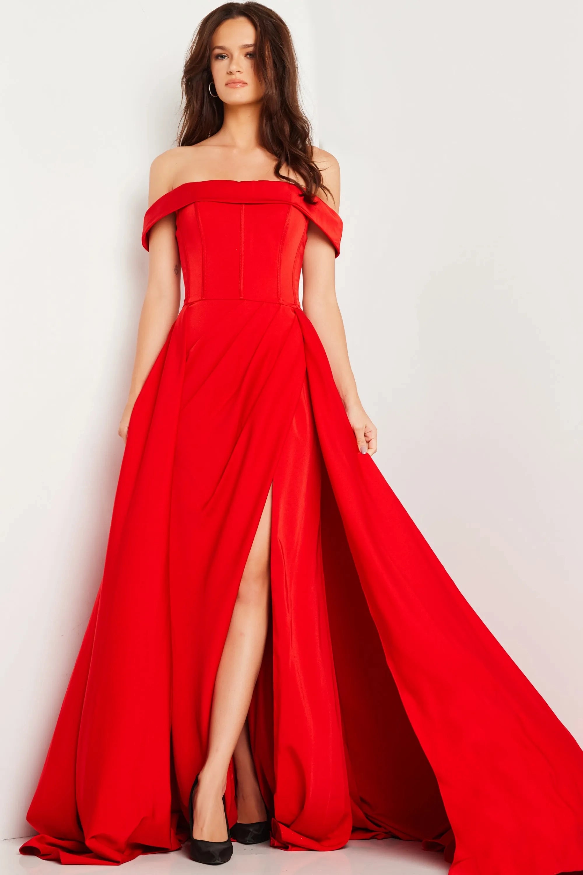 Satin Off Shoulder A-line Slit Gown by Jovani 09874 Beaded unclassified dresses