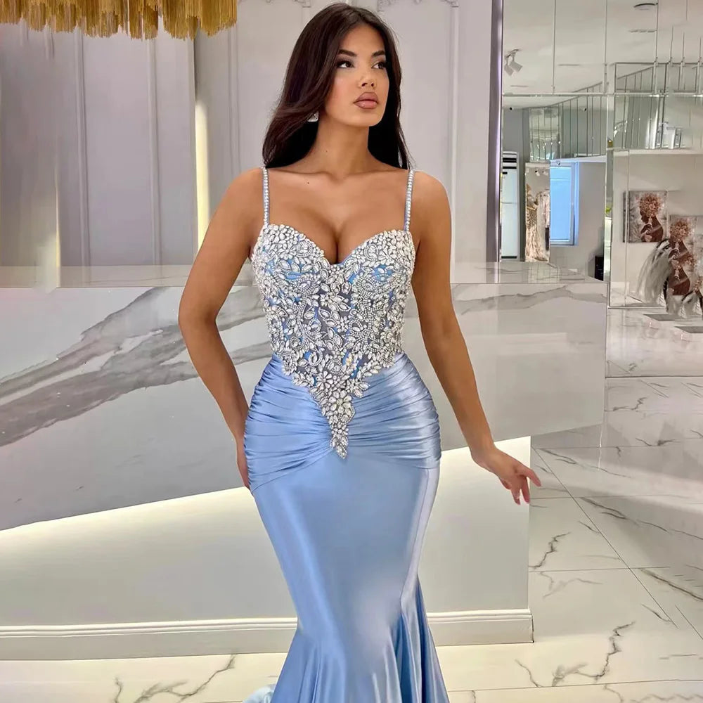 Serene Hill 2024 Arabic Blue Spaghetti Strap Satin Mermaid Gown Luxury Beaded Saudi Evening Dress for Formal Occasion LA72729 Sleeveless unclassified dresses