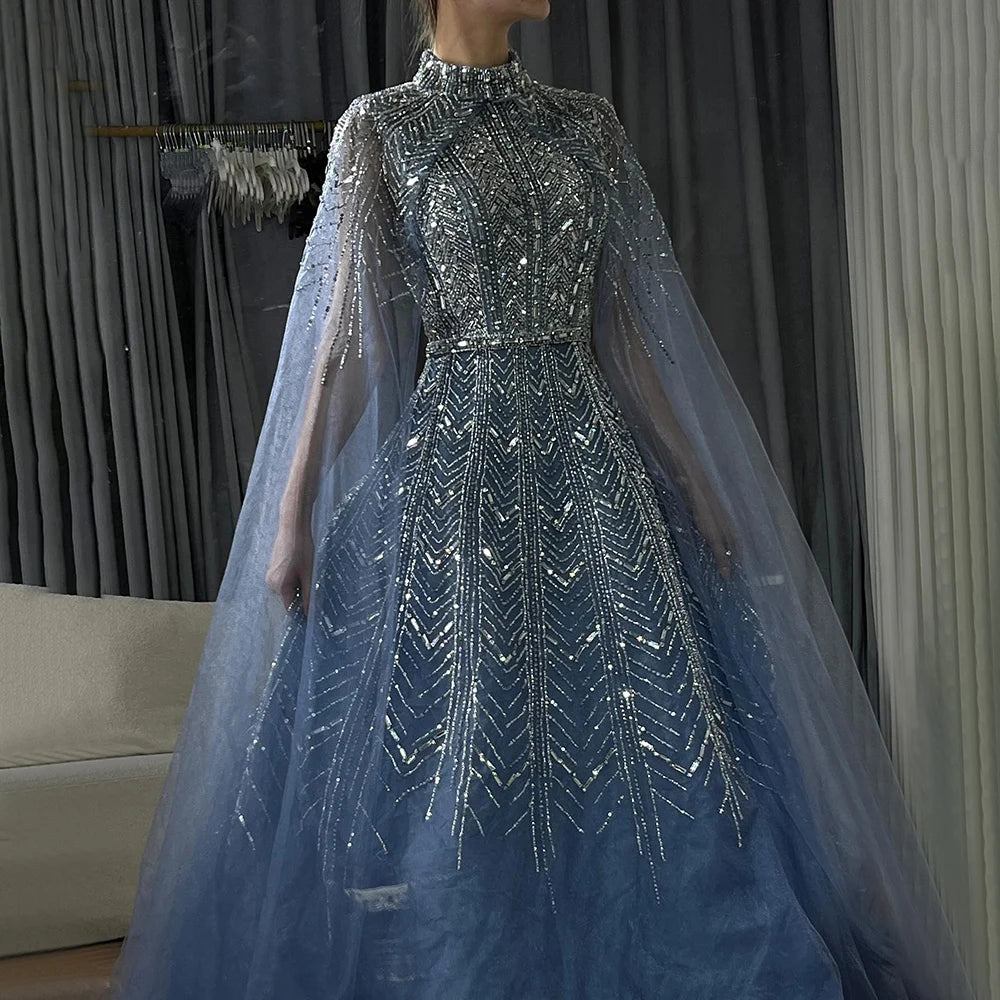 Serene Hill 2024 Blue Beaded Design A-Line Saudi Arabic Evening Dresses Gowns with Cape Sleeves for Formal Occasion LA72728 Pastel unclassified dresses