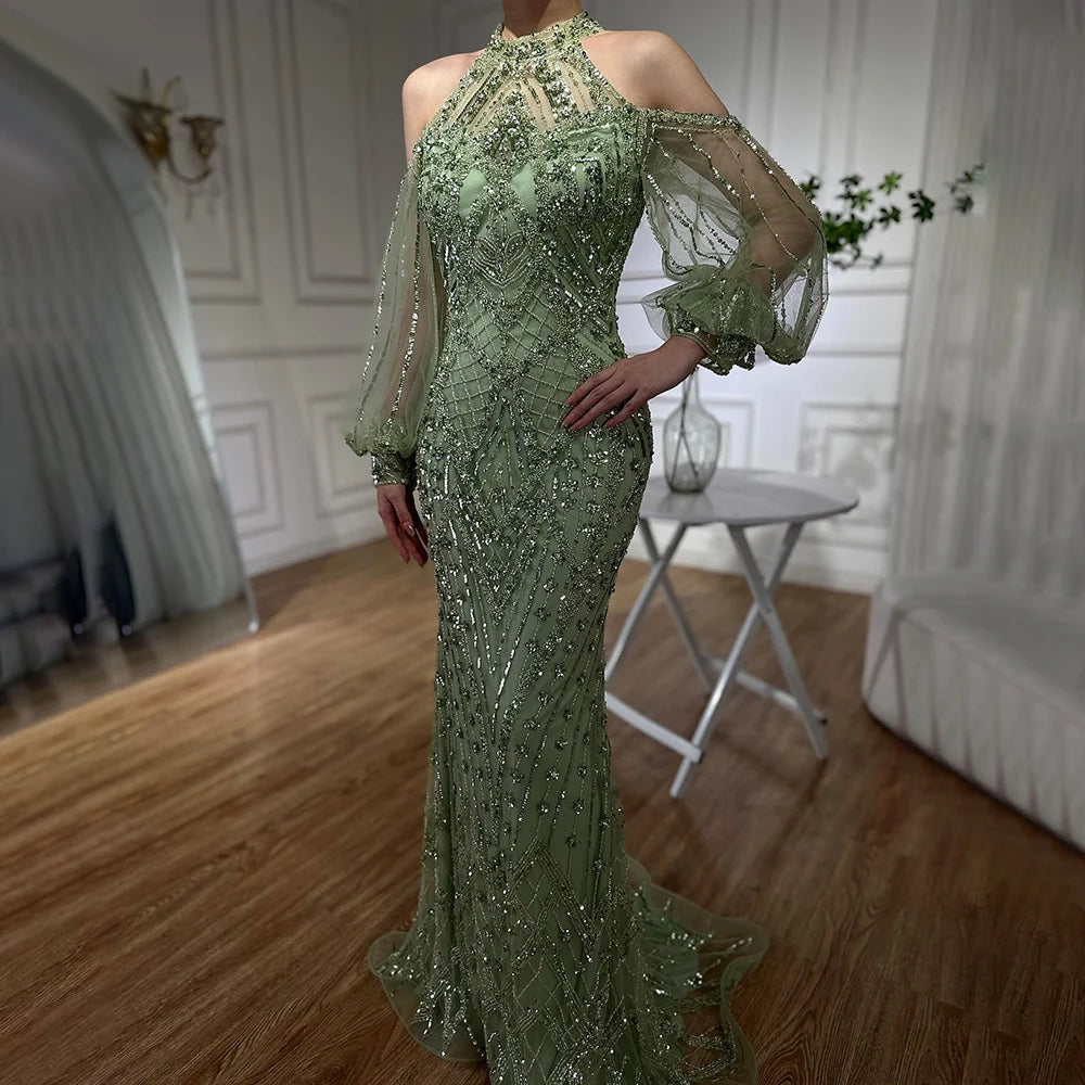 Serene Hill 2024 Elegant Sage Green Halter Neck Beaded Luxury Mermaid Evening Dress for Formal Occasion Saudi LA72737 Striped unclassified dresses