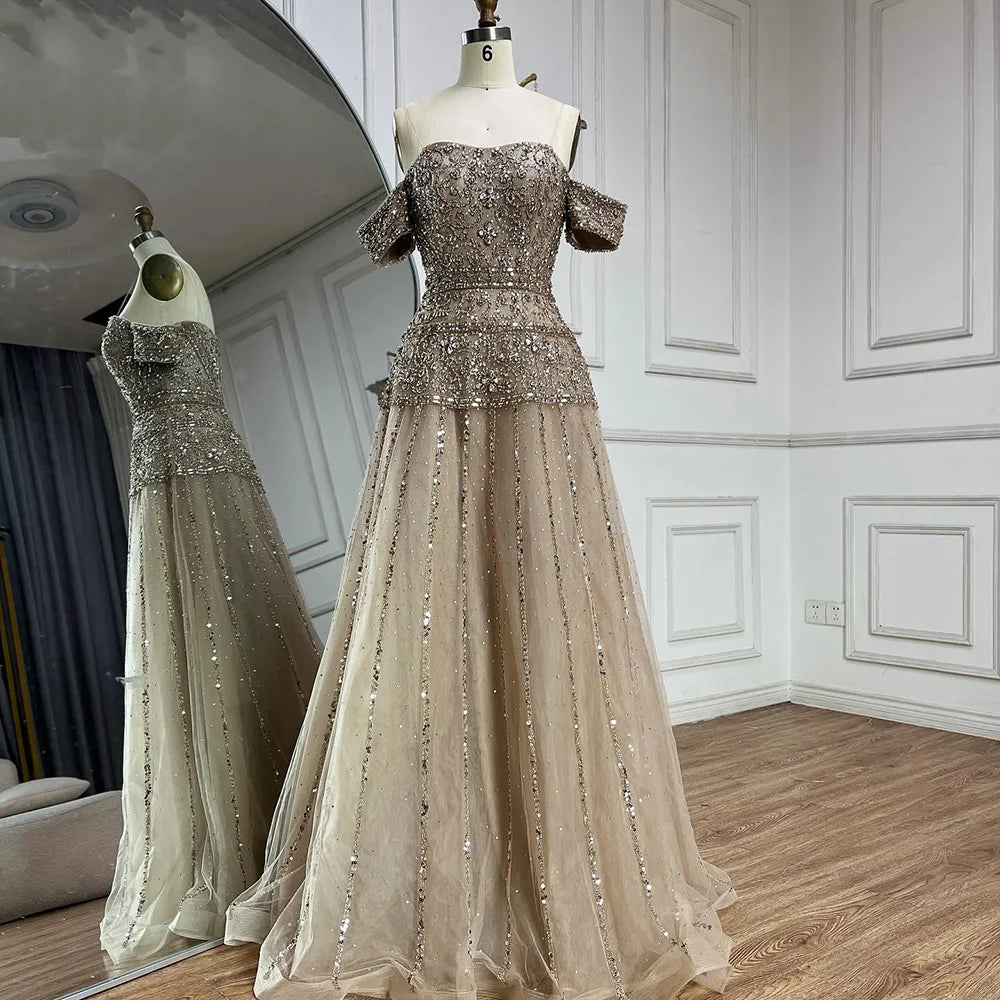 Serene Hill 2024 Off The Shoulder A-Line Caramel Beaded Luxury Evening Dress for Formal Occasion Saudi LA72709 Wedding guest unclassified dresses