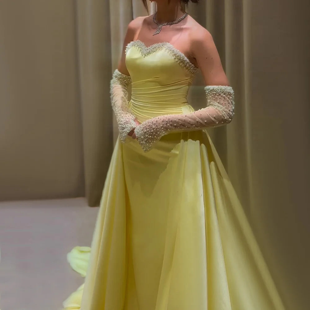 Serene Hill 2024 Saudi Arabia Yellow Mermaid Elegant Detachable Sleeves Luxury Beaded Evening Gown for Formal Occasion LA72777 Discounted unclassified dresses